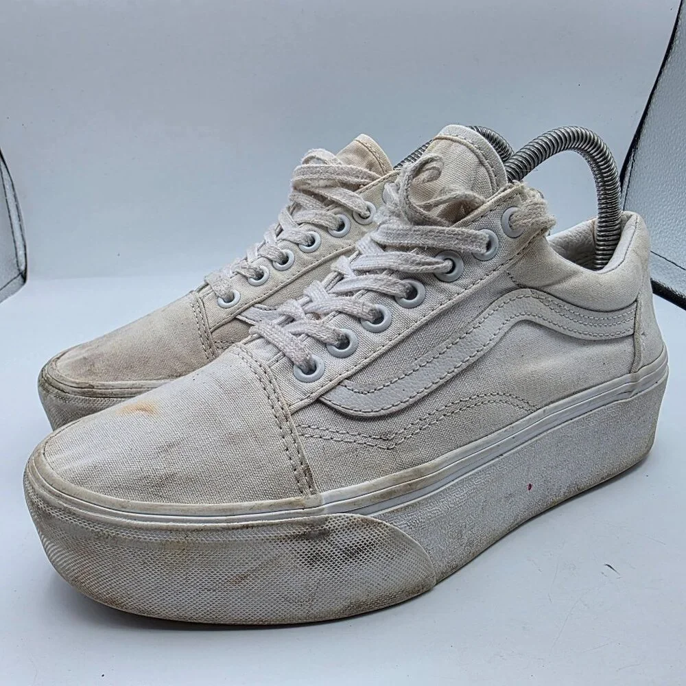 Vans Old Skool Platform Womens Size 8.5 Triple White Athletic Shoes Walking